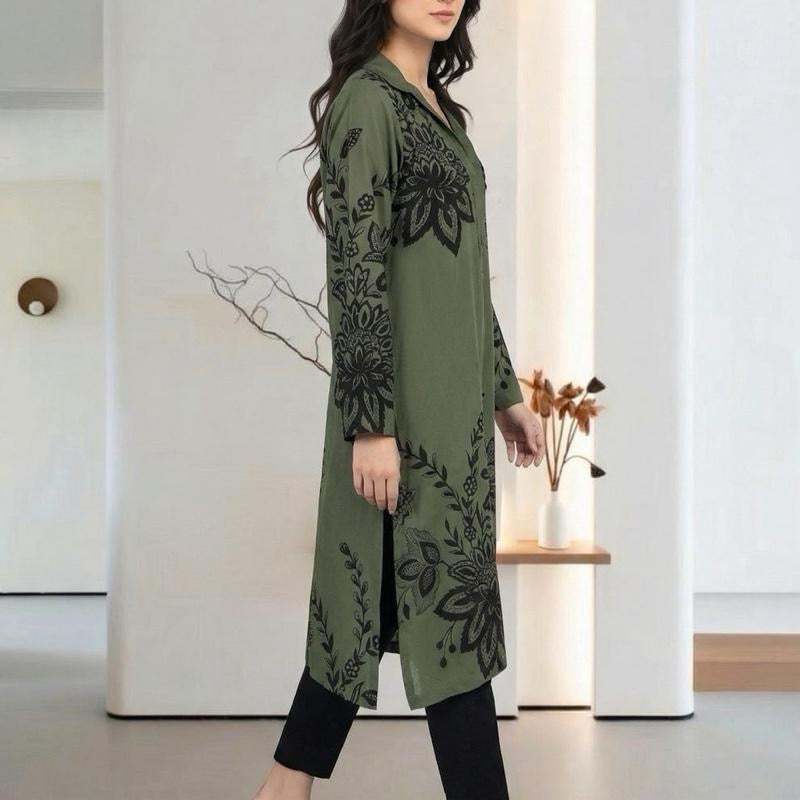 Limelight Original 1 Piece single shirt Viscose Slub Printed Shirt Olive Flared V-neckline Wide Sleeves Womenswear Asian Style