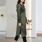 Limelight Original 1 Piece single shirt Viscose Slub Printed Shirt Olive Flared V-neckline Wide Sleeves Womenswear Asian Style
