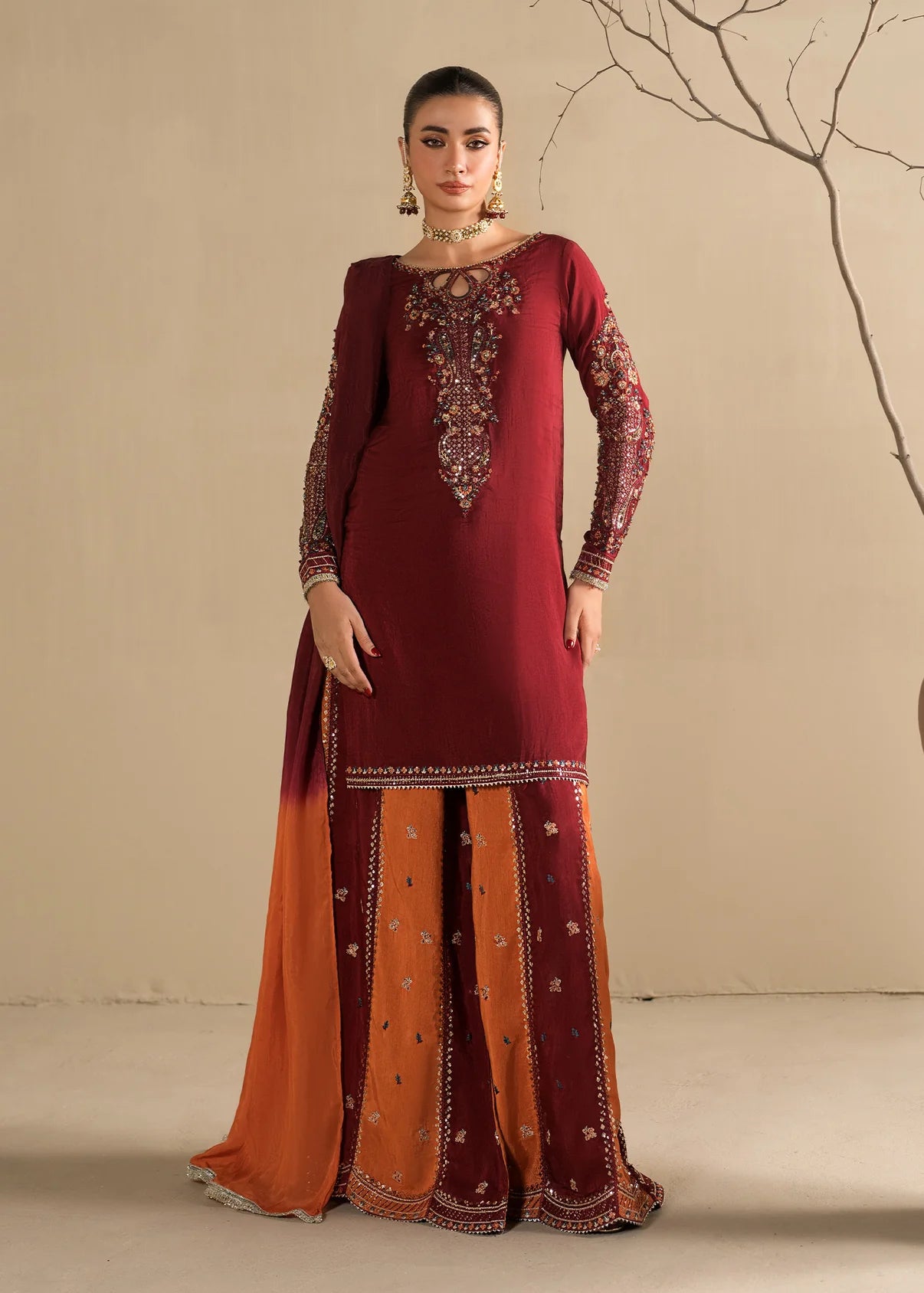 Embroidered Shirt with Two-Toned Sharara & Medium Silk Dupatta – Heavy Embroidery & Embellished 3-Piece Ensemble
