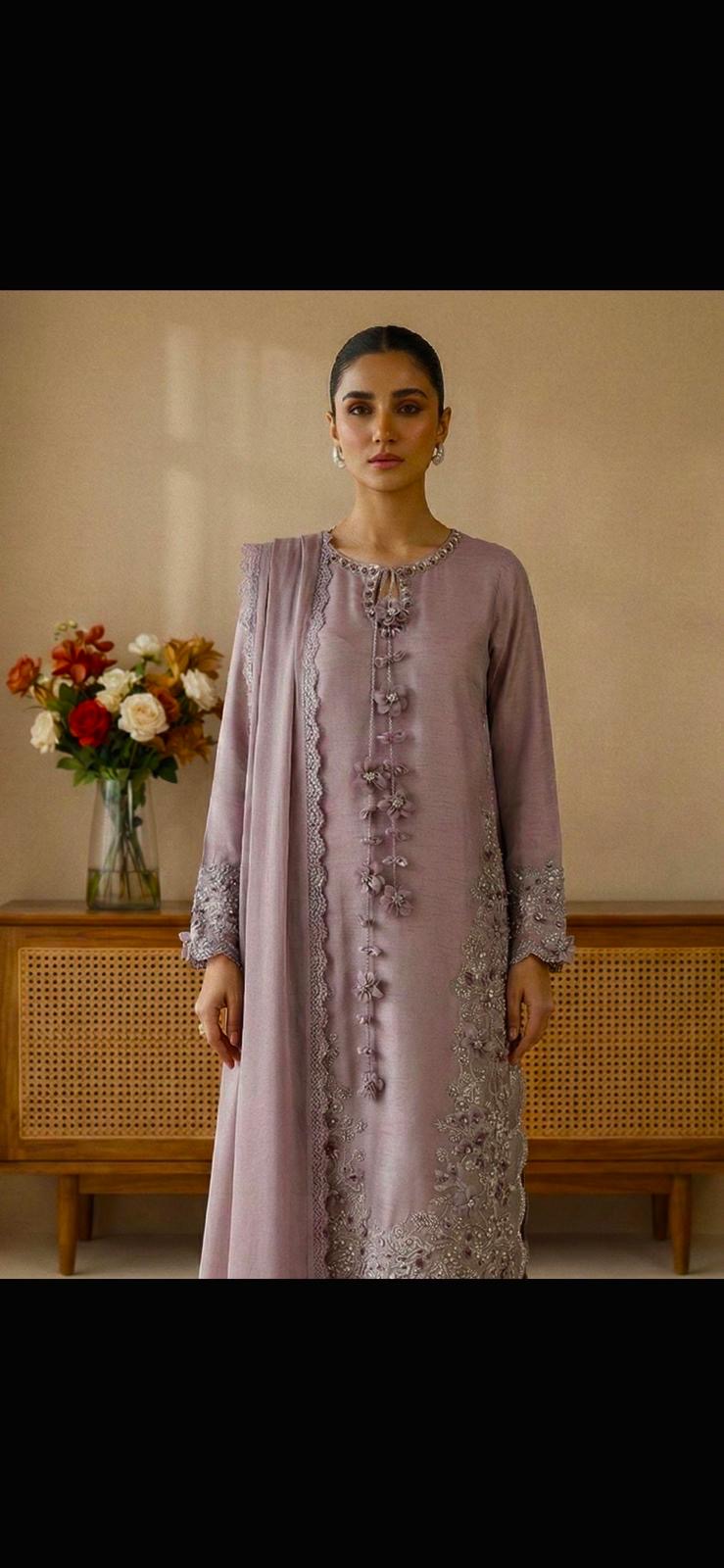 Lilac Embroidered Raw Silk 3 Piece Suit Set with Medium Silk Dupatta – Festive Party Wear Long Kurta Outfit