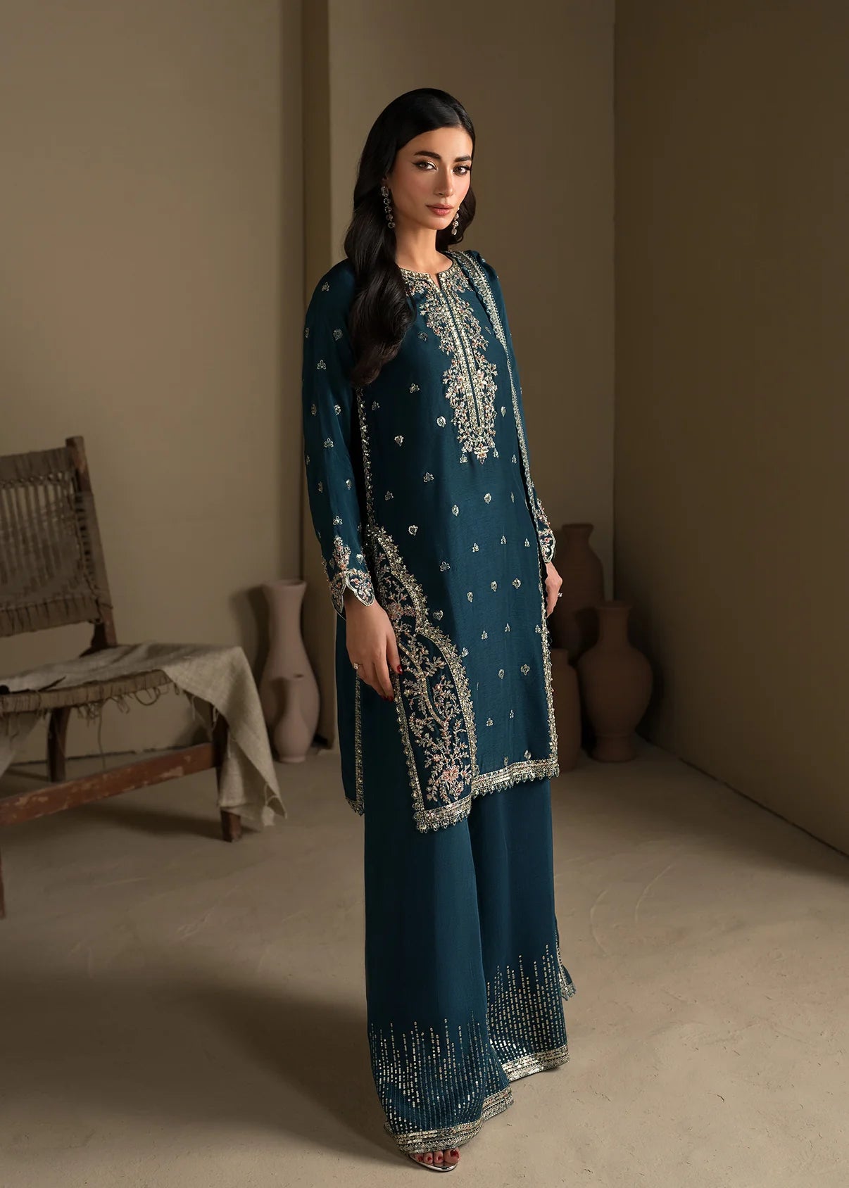 Embroidered Shirt with Flared Trousers & Silk Dupatta – Heavy Embroidery & Embellished 3-Piece Ensemble