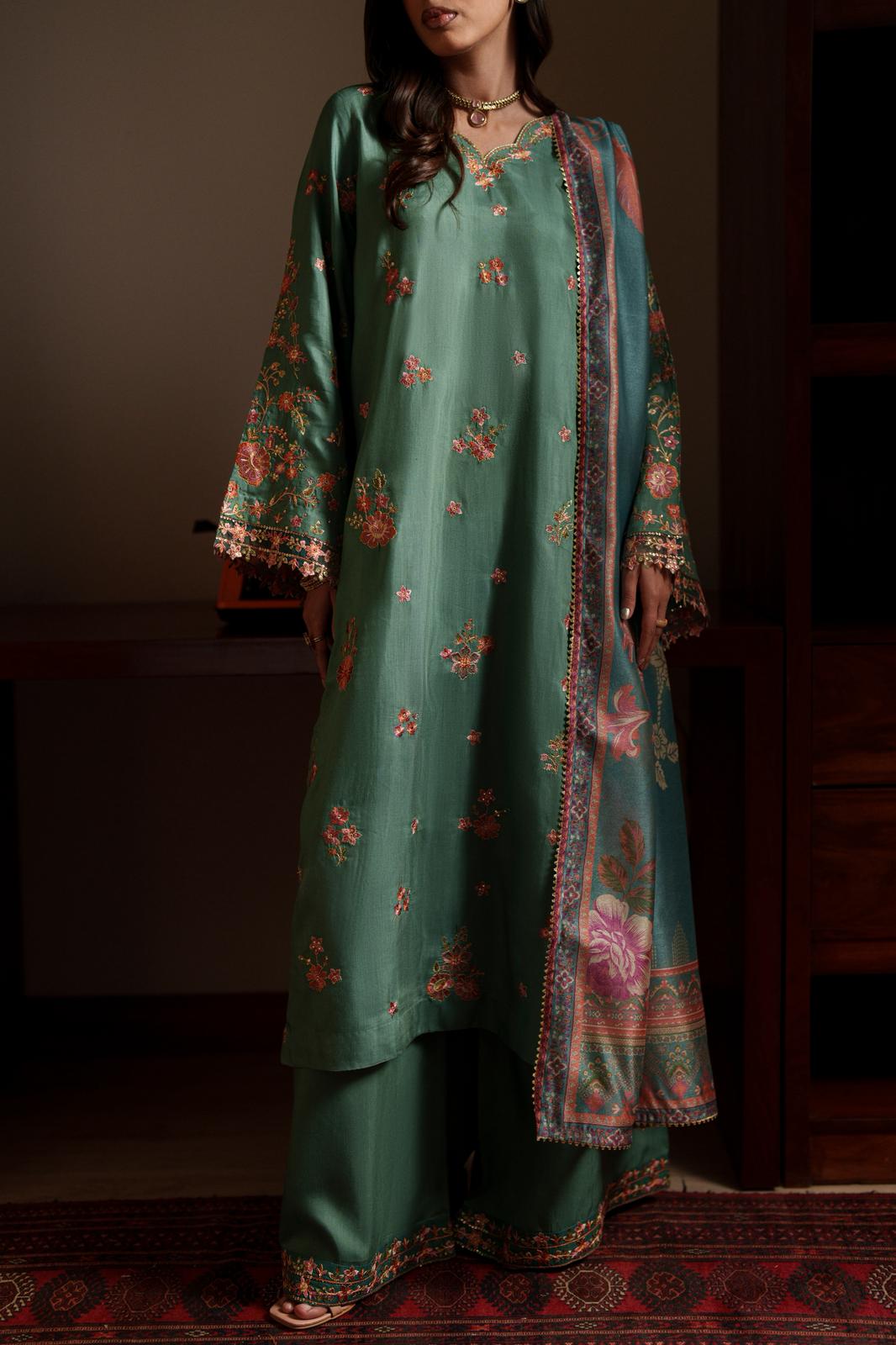 Casual Lite Luxury Festive Drop EALA Premium Silk Viscose 3 Piece Printed Dupatta Embroidered with Sequin Work and Lace for Modern Elegance