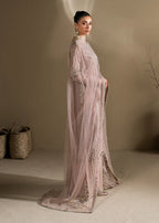 Lilac Embroidered 3-Piece Suit – KH Raw Silk Kurta, Flared Trouser & Net Dupatta
