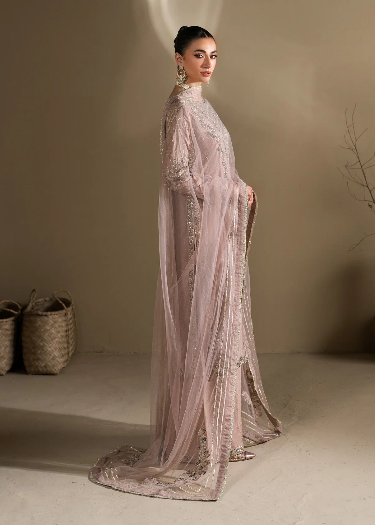 Lilac Embroidered 3-Piece Suit – KH Raw Silk Kurta, Flared Trouser & Net Dupatta