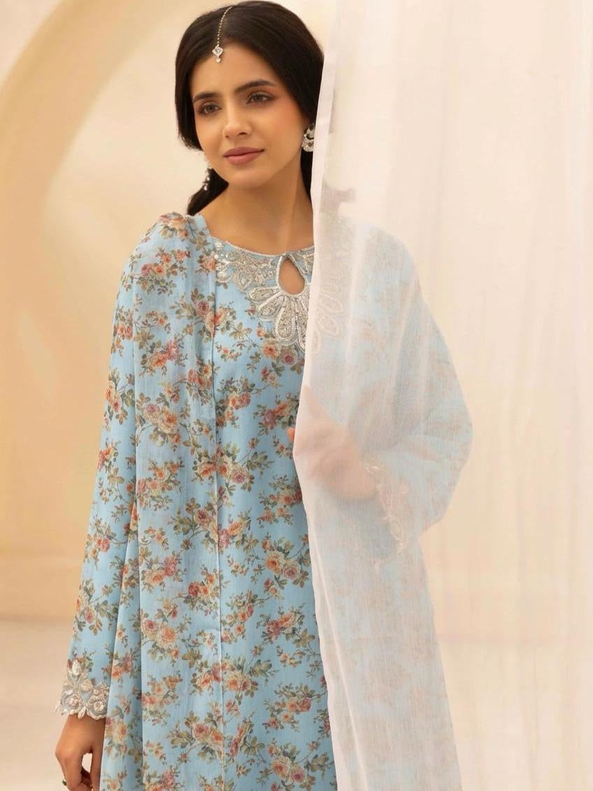 Simrans Baroque Chiffon Sky Blue Embroidered Pakistani Suit - Elegant Floral Print & Festive Eid Wear for Women, Lightweight & Comfortable