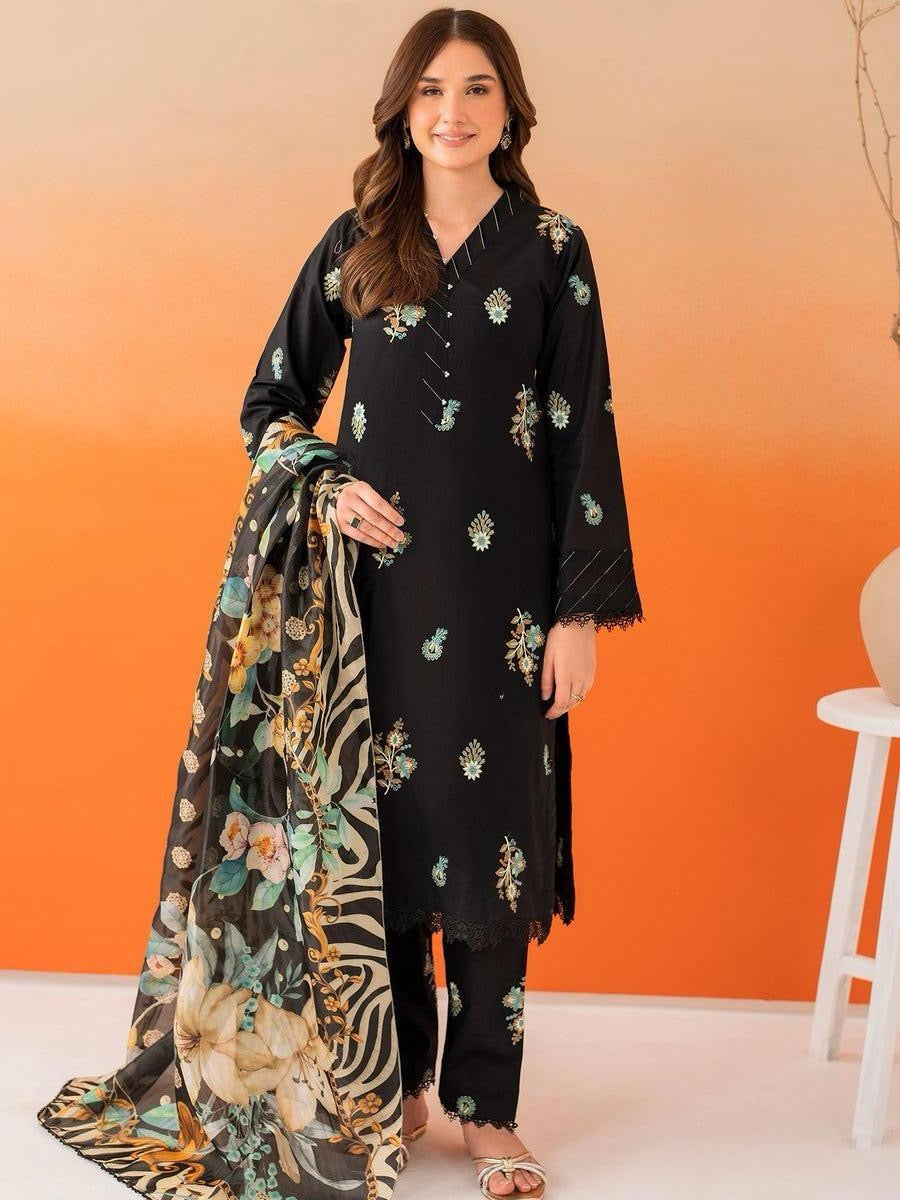 Panache Apparel Premium Lilen Embroidered 3 Piece Pakistani Suit – Black | Silk Dupatta | Ready to Wear UK