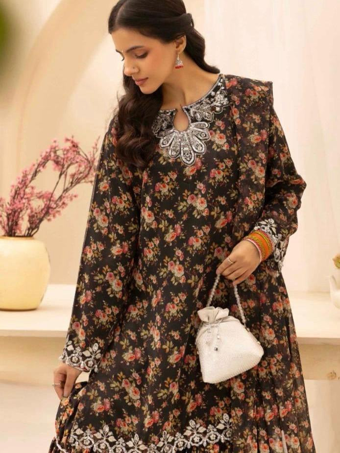 Simrans Baroque inspired Chiffon Embroidered Pakistani Suit - Elegant Floral Print & Festive Eid Wear for Women, Lightweight & Comfortable