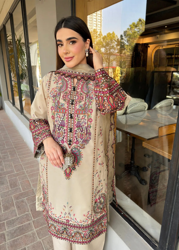 Beige Embroidered 3 Piece Lawn Suit with Trouser  & Organza Dupatta