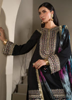 3 piece Black Short Shirt & Farshi Shalwar with Tie-Dye Medium Silk Dupatta – Heavy Embroidery & Embellished Ensemble