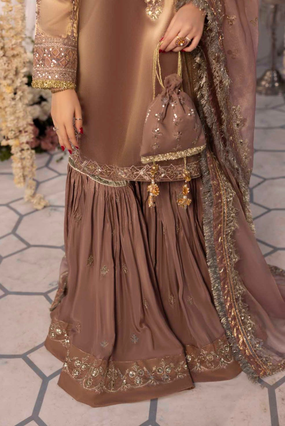 Mesouri Sequin & Resham Embroidered Rose Gold Gharara Luxury Ensemble