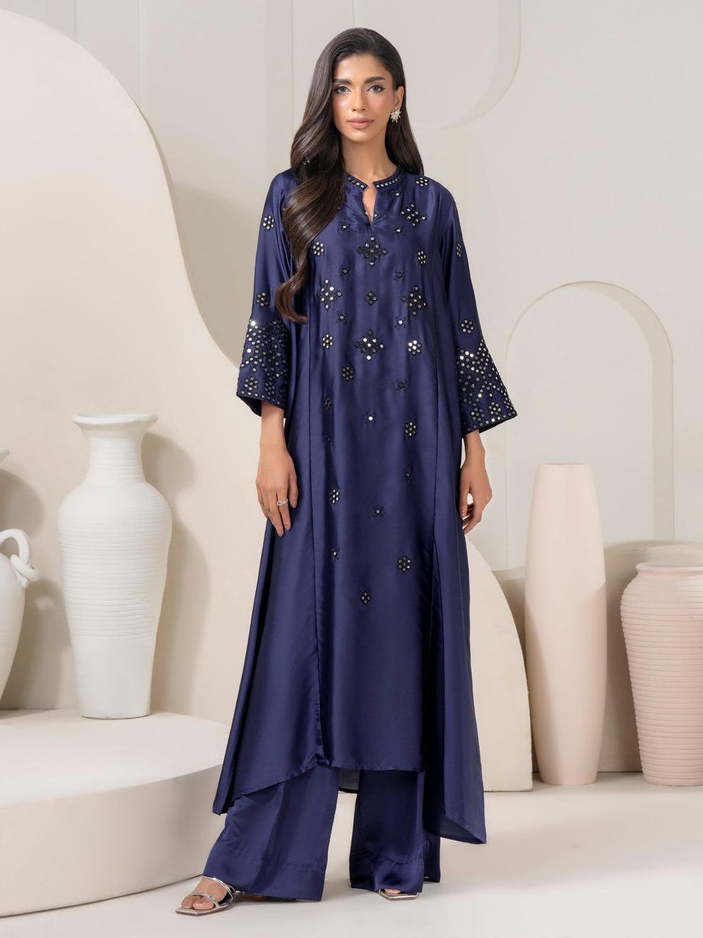 Limelight 2 Piece Set Sky Blue Silk Shirt with Flowy Collared V-neck & Wide-leg Trousers with Elastic Waistband Womenswear - Printed