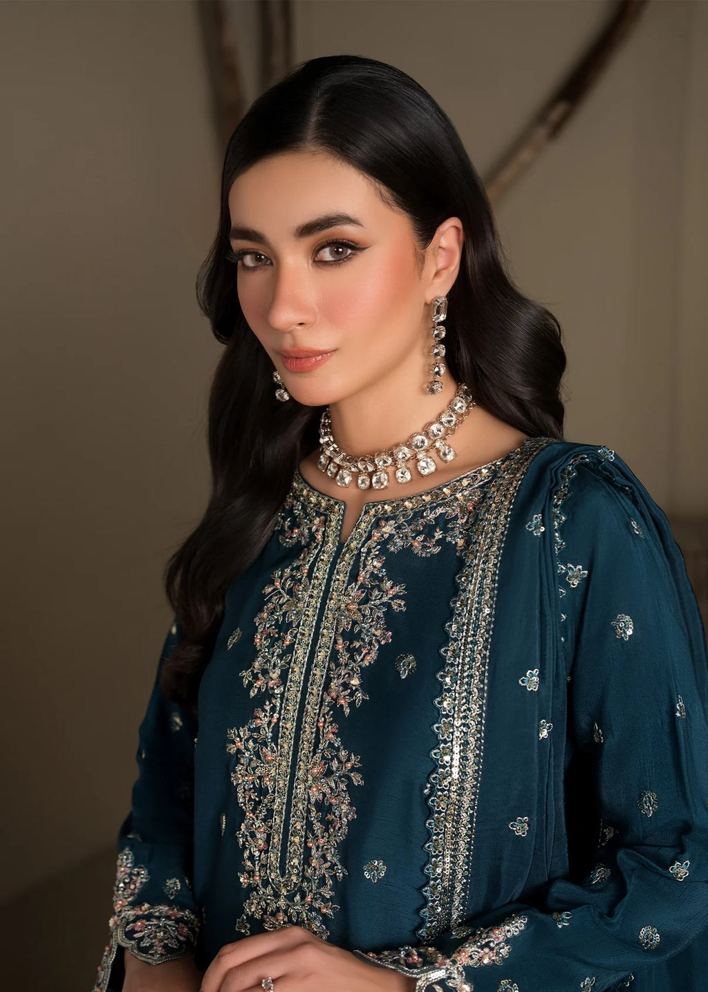 Embroidered Shirt with Flared Trousers & Silk Dupatta – Heavy Embroidery & Embellished 3-Piece Ensemble