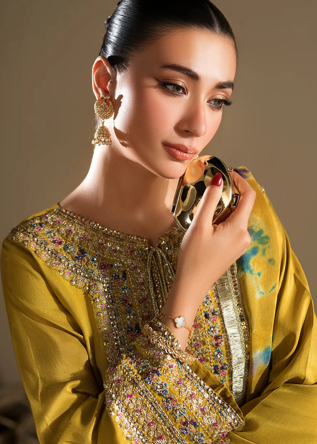 3 piece Short Shirt & Farshi Shalwar with Tie-Dye Medium Silk Dupatta – Heavy Embroidery & Embellished Ensemble