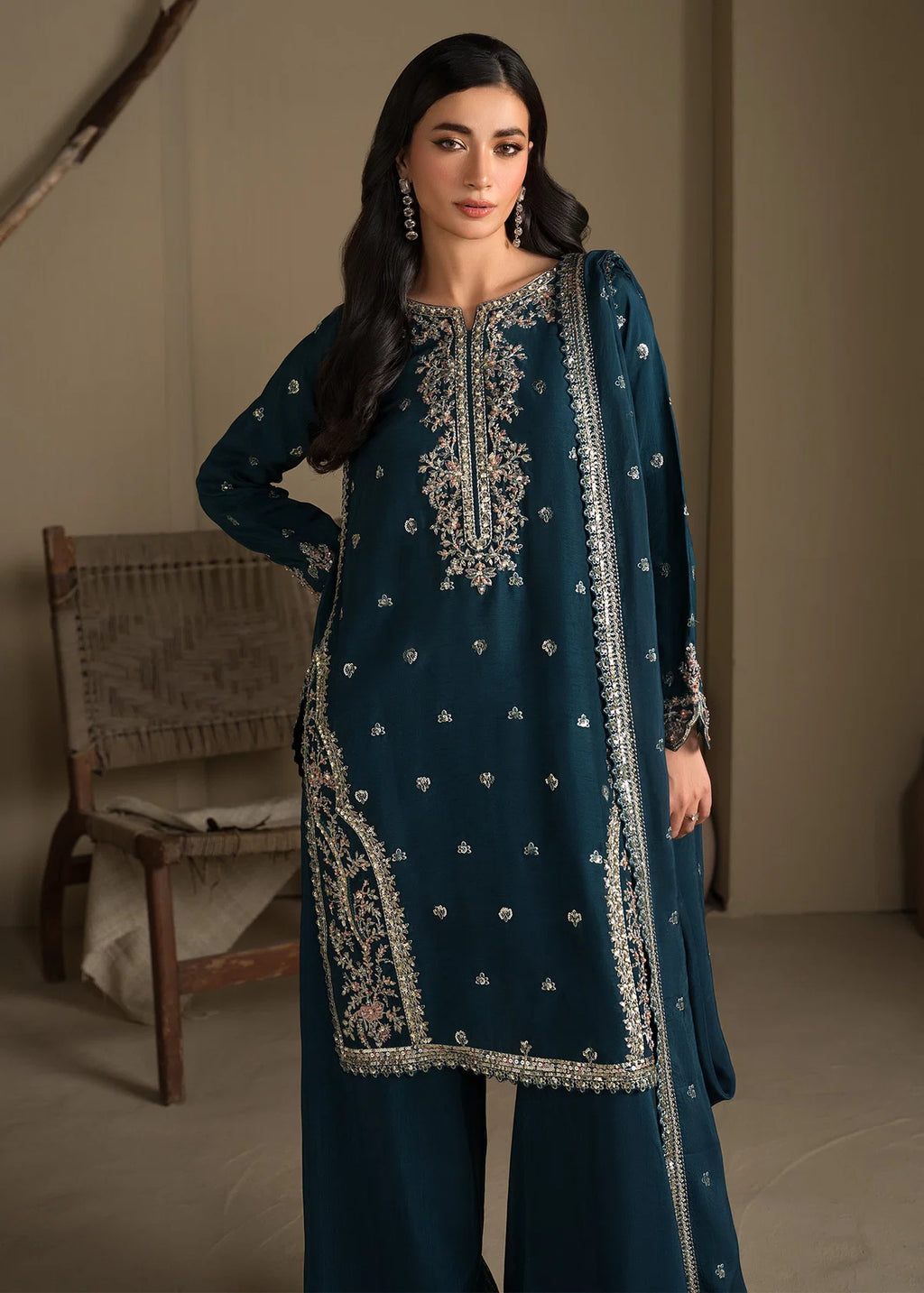 Embroidered Shirt with Flared Trousers & Silk Dupatta – Heavy Embroidery & Embellished 3-Piece Ensemble