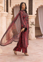 Simrans Maria B Inspired Viscose Silk – Red & Black Printed Ensemble with Embroidered Neckline