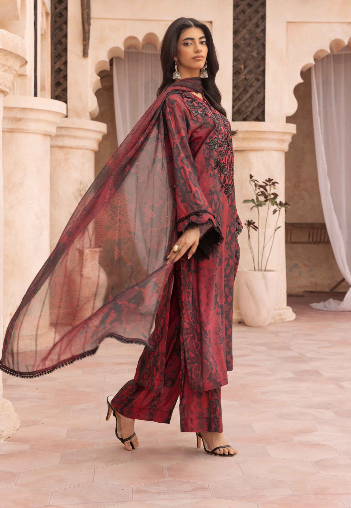 Simrans Maria B Inspired Viscose Silk – Red & Black Printed Ensemble with Embroidered Neckline