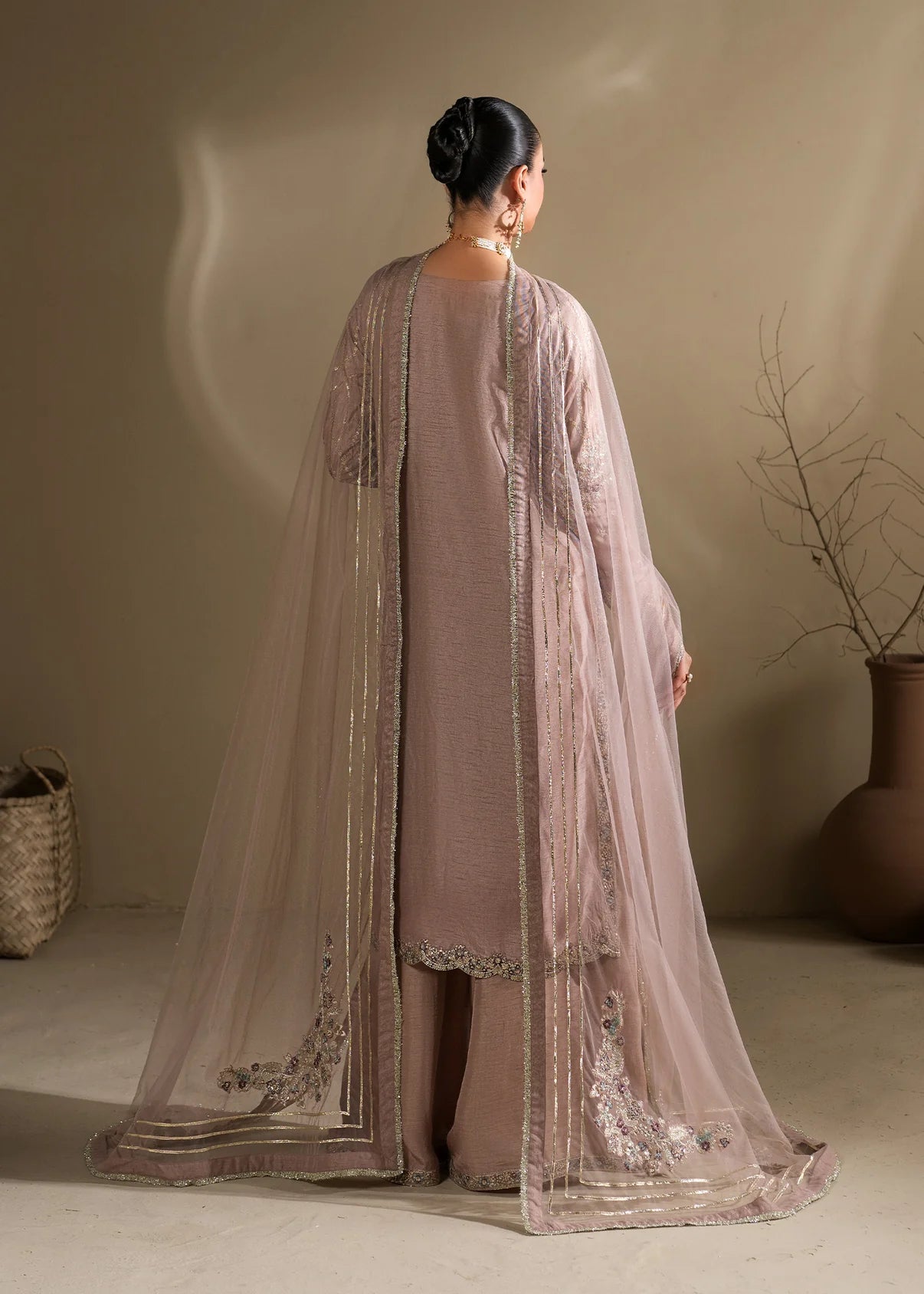 Lilac Embroidered 3-Piece Suit – KH Raw Silk Kurta, Flared Trouser & Net Dupatta