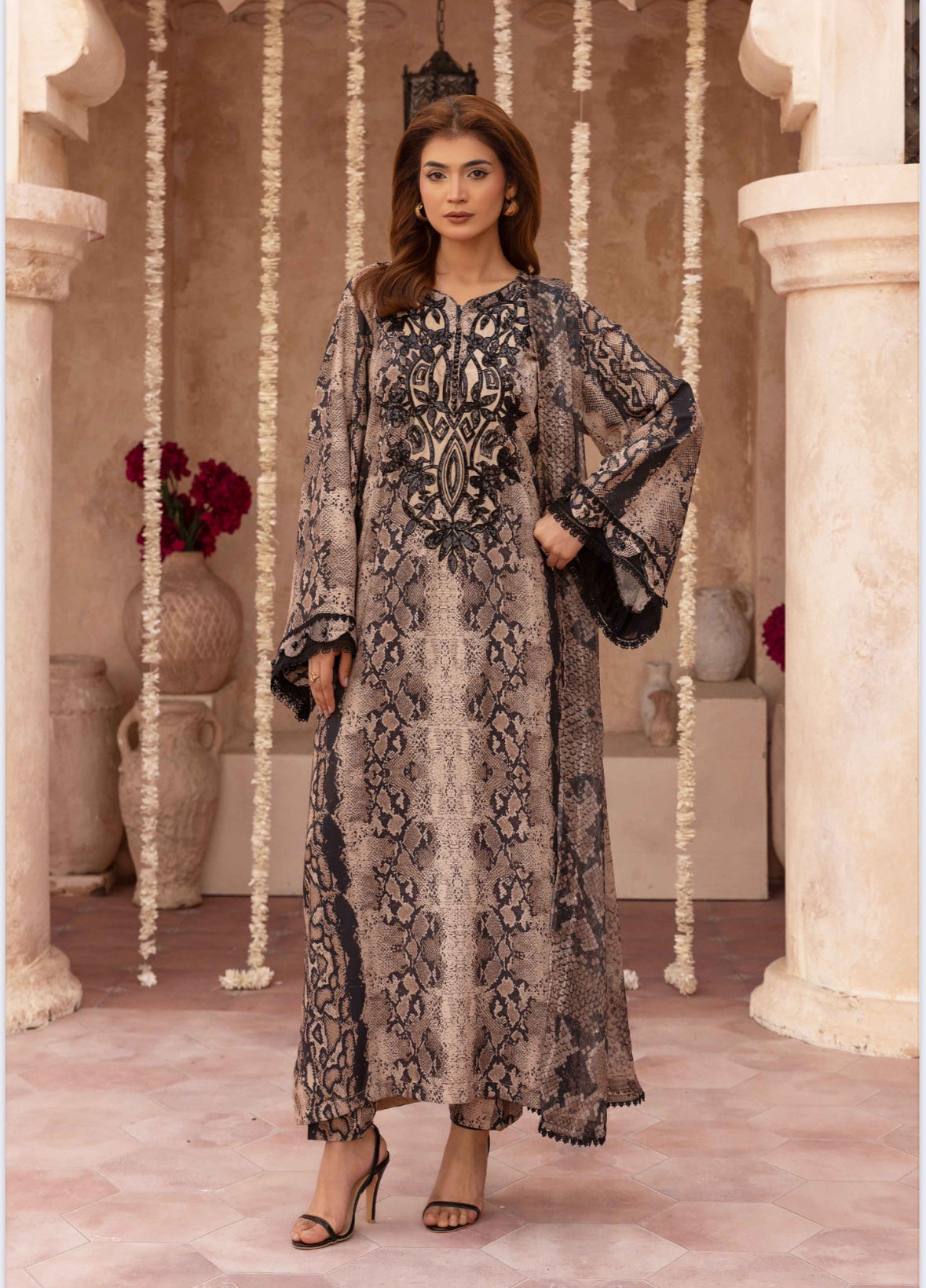 Simrans Maria B Kaftan Style Inspired Viscose Silk 3-Piece Suit – Beige & Black Printed Outfit with Embroidered Neckline