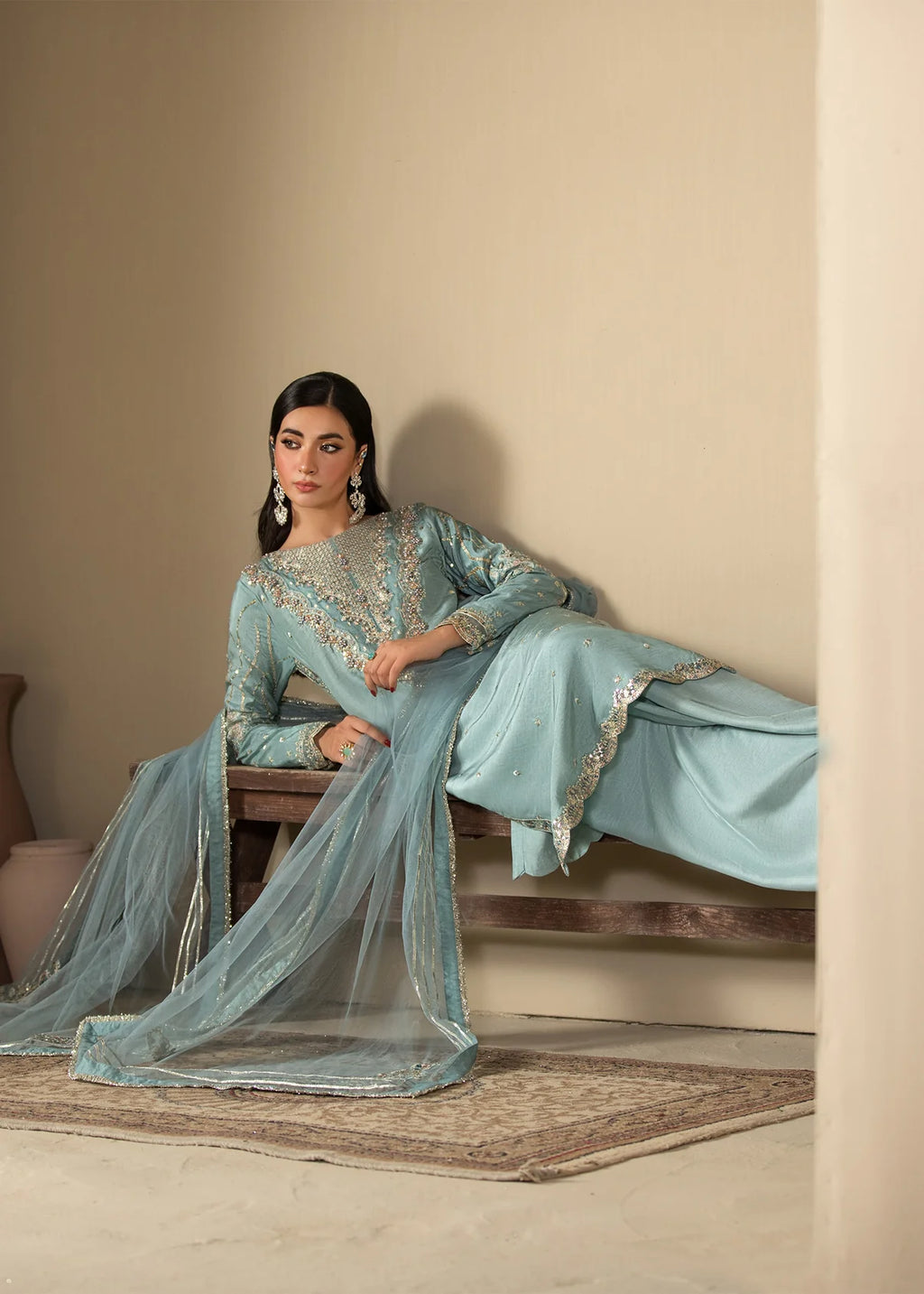 Ice Blue lue Embroidered 3-Piece Suit – KH Raw Silk Kurta, Flared Trouser & Net Dupatta