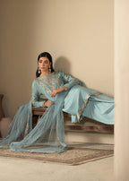 Ice Blue lue Embroidered 3-Piece Suit – KH Raw Silk Kurta, Flared Trouser & Net Dupatta