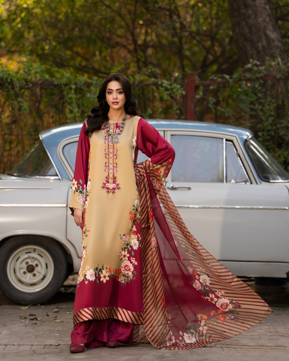 Karma 3 piece Kaftan Beige & Maroon Printed Silk 3PC Suit – Elegant Long Shirt with Dupatta & Trouser Inner included