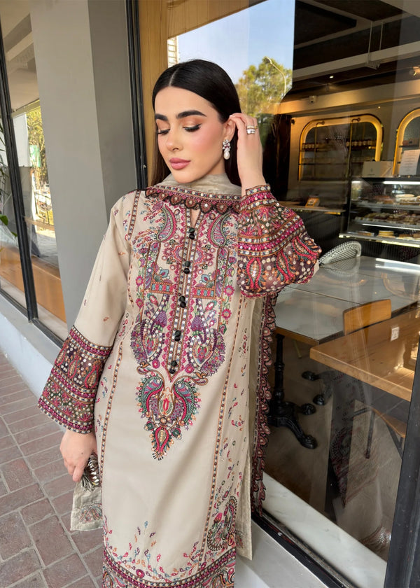 Beige Embroidered 3 Piece Lawn Suit with Trouser  & Organza Dupatta