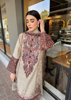 Beige Embroidered 3 Piece Lawn Suit with Trouser  & Organza Dupatta