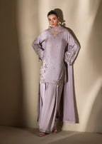 Lavender Embroidered Raw Silk Short Kurta with Farshi Shalwar & Silk Dupatta