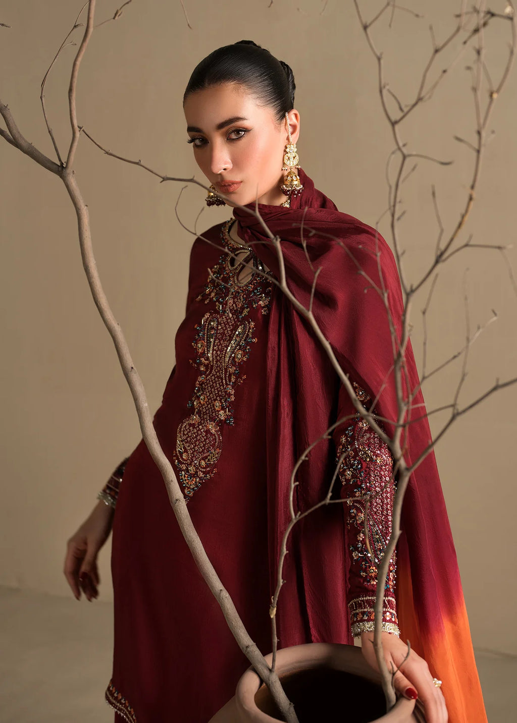 Embroidered Shirt with Two-Toned Sharara & Medium Silk Dupatta – Heavy Embroidery & Embellished 3-Piece Ensemble