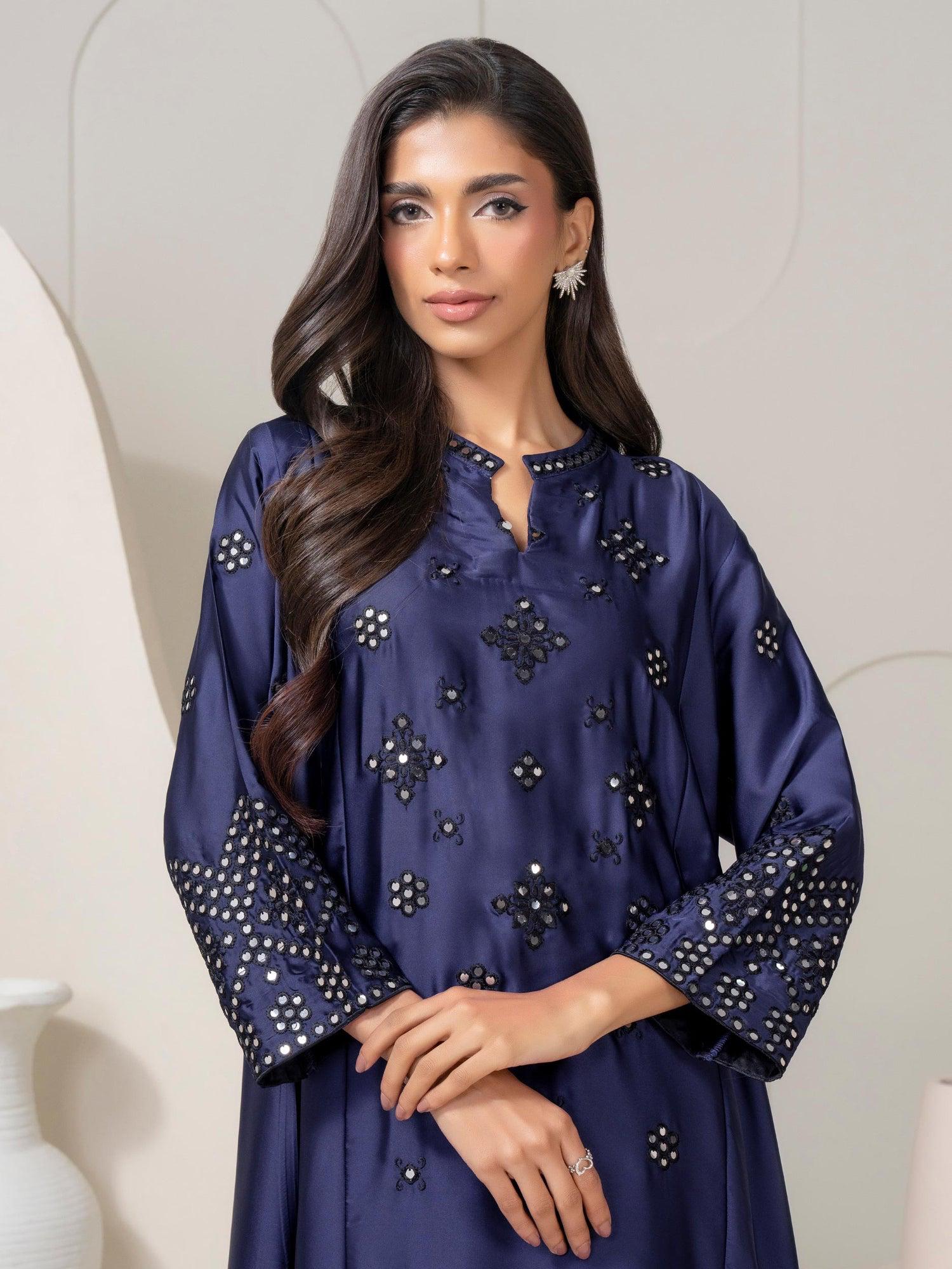 Limelight 2 Piece Set Sky Blue Silk Shirt with Flowy Collared V-neck & Wide-leg Trousers with Elastic Waistband Womenswear - Printed