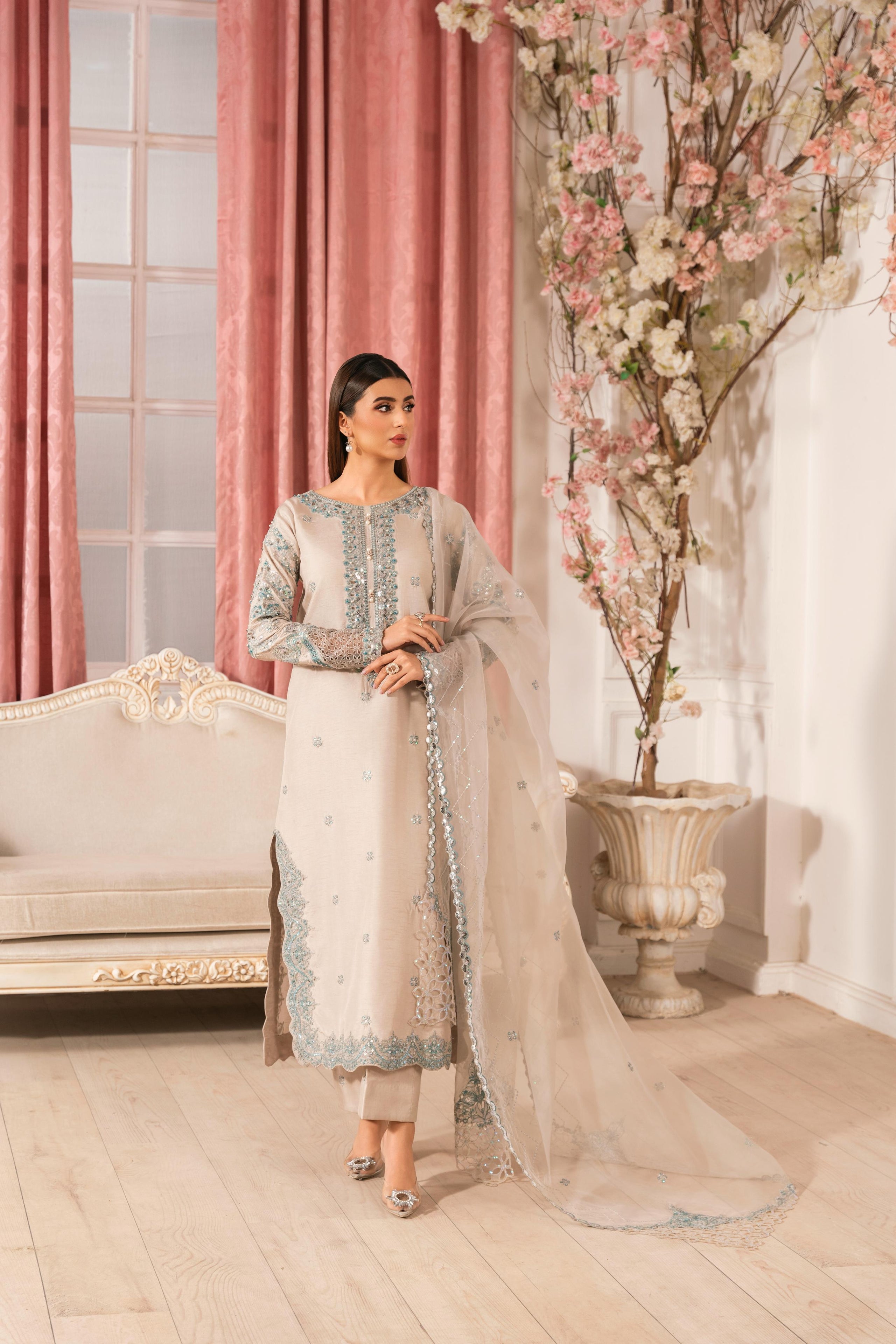 E481 Eid Collection Beige Raw Silk Long Kurta with Organza Dupatta – Heavy Adda Work 3 Piece Festive Suit