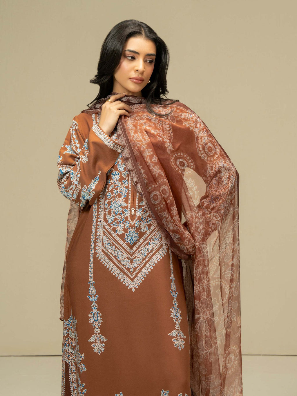 Salenmore | Limelight 3 Piece Printed Linen Suit with Chiffon Dupatta – Brown | Winter Pret Collection | Pakistani Clothing UK – Pakistani women's wear | Salwar Kameez |