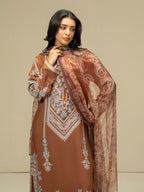 Salenmore | Limelight 3 Piece Printed Linen Suit with Chiffon Dupatta – Brown | Winter Pret Collection | Pakistani Clothing UK – Pakistani women's wear | Salwar Kameez |