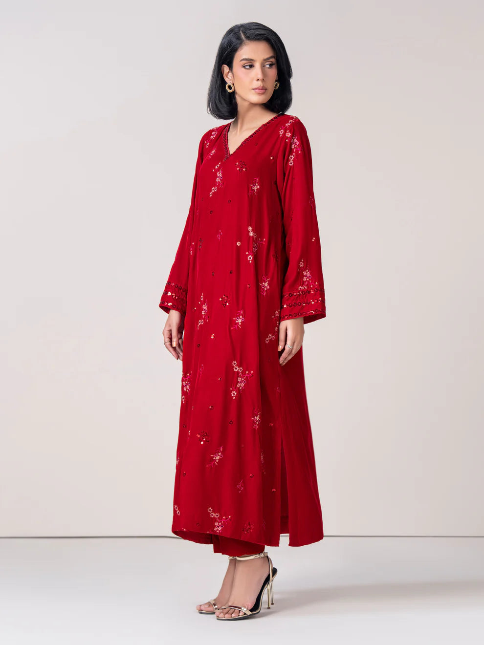 Limelight Velvet Suit - Red A-line Shirt with V-neckline Sequin Embroidery & Narrow-leg Trousers Elastic Waistband
