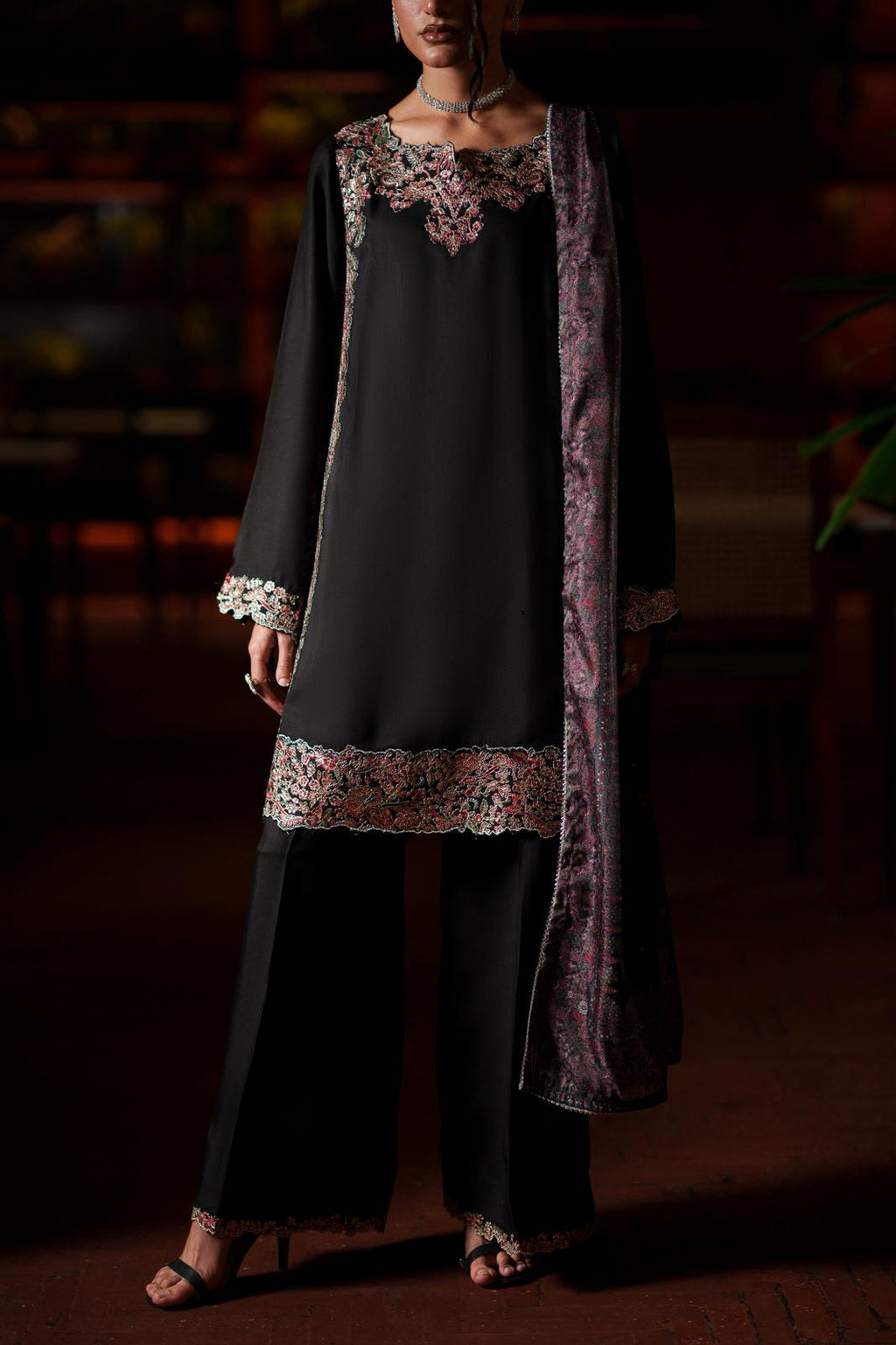 Casual Lite Luxury Festive Drop EALA Premium Silk Viscose 3 Piece Printed Dupatta Embroidered with Sequin Work and Lace for Modern Elegance