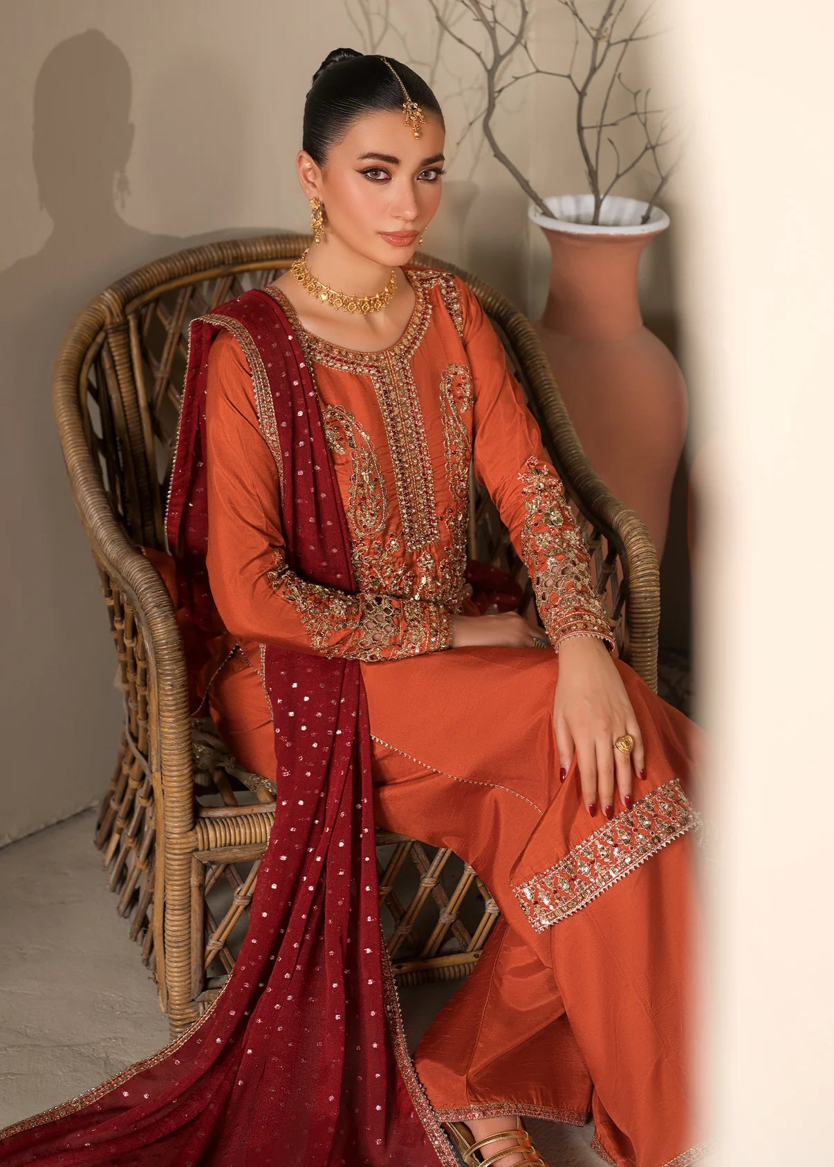 3 pc Long Kurta & Flared Trouser Set with Bindi Chiffon Dupatta – Heavy Embroidery & Embellishment Rust Korean Raw Silk