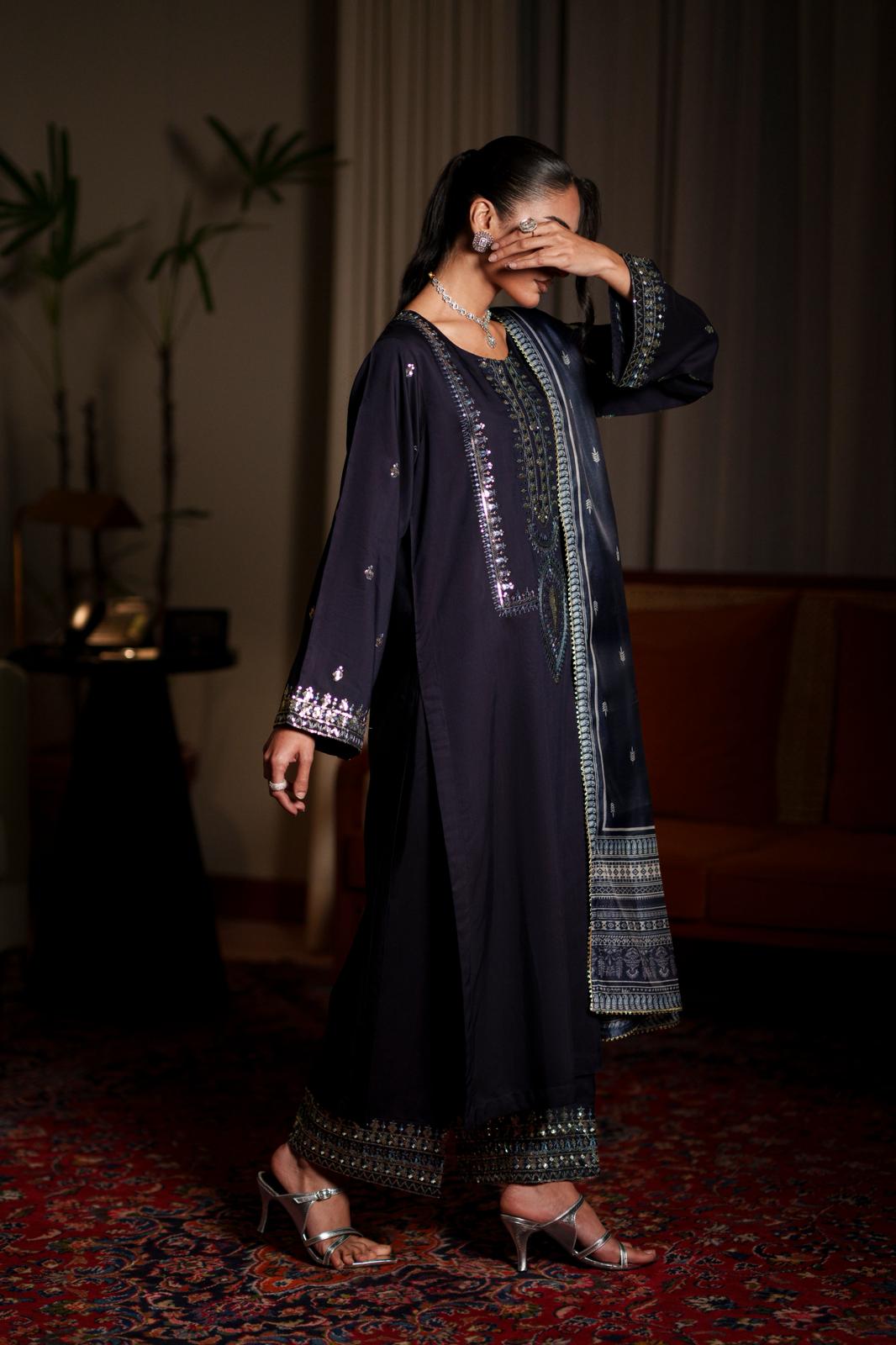 Casual Lite Luxury Festive Drop EALA Premium Silk Viscose 3 Piece Printed Dupatta Embroidered with Sequin Work and Lace for Modern Elegance