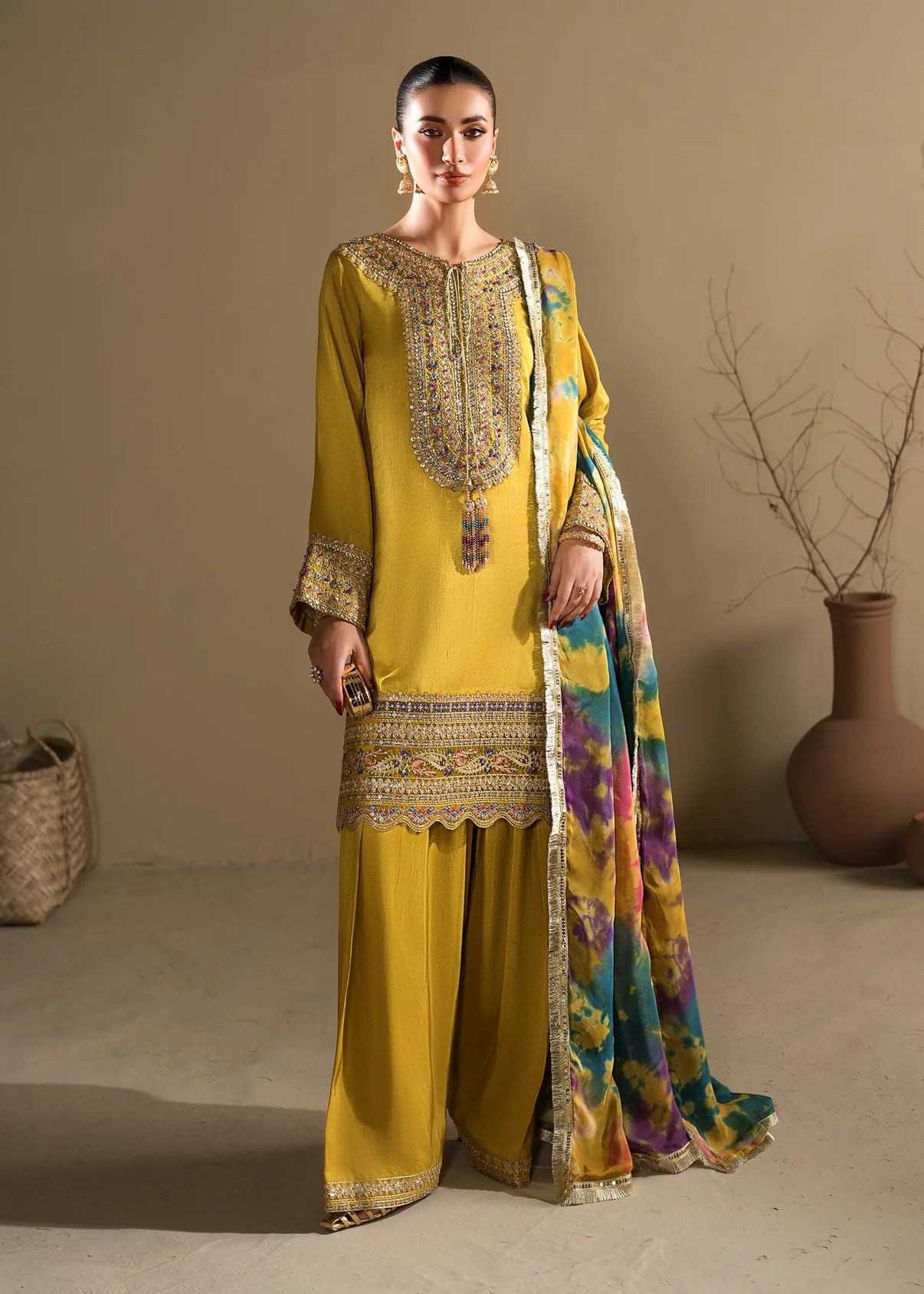 3 piece Short Shirt & Farshi Shalwar with Tie-Dye Medium Silk Dupatta – Heavy Embroidery & Embellished Ensemble