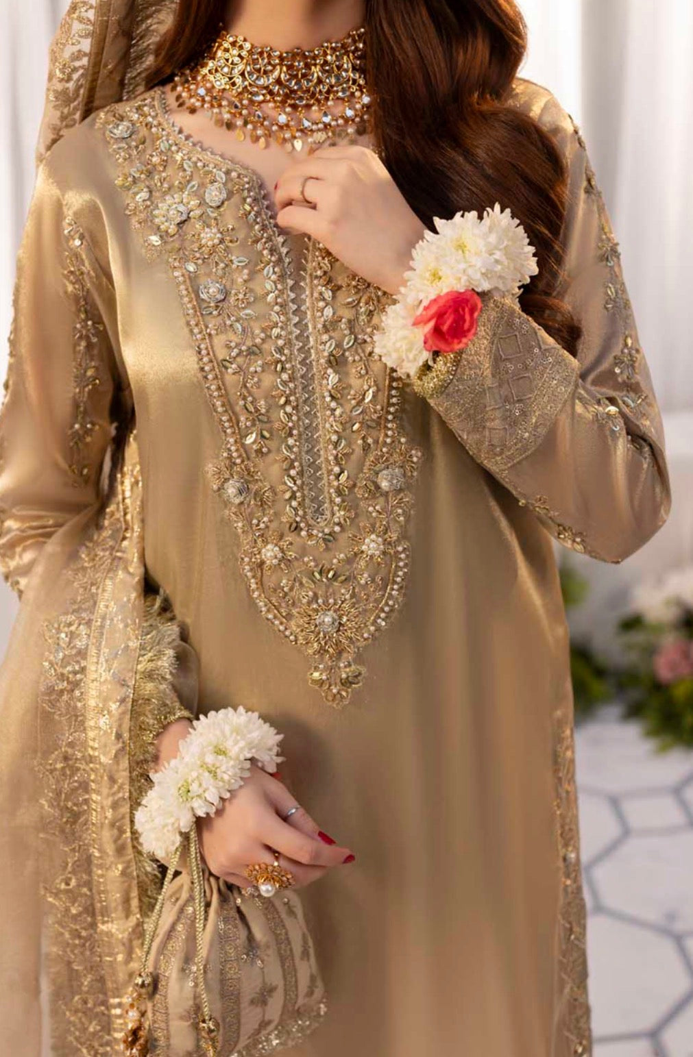 Mesouri Sequin & Resham Embroidered Gharara Gold Luxury Ensemble