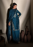 Embroidered Shirt with Flared Trousers & Silk Dupatta – Heavy Embroidery & Embellished 3-Piece Ensemble
