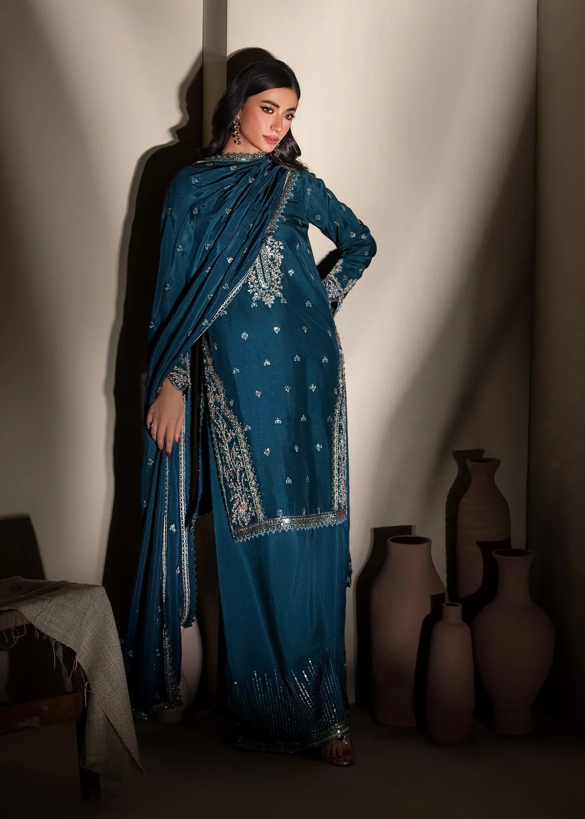 Embroidered Shirt with Flared Trousers & Silk Dupatta – Heavy Embroidery & Embellished 3-Piece Ensemble