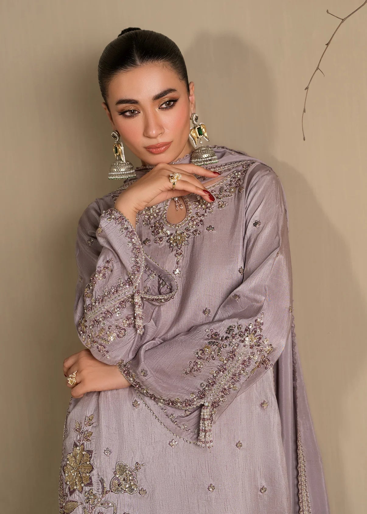 Lavender Embroidered Raw Silk Short Kurta with Farshi Shalwar & Silk Dupatta