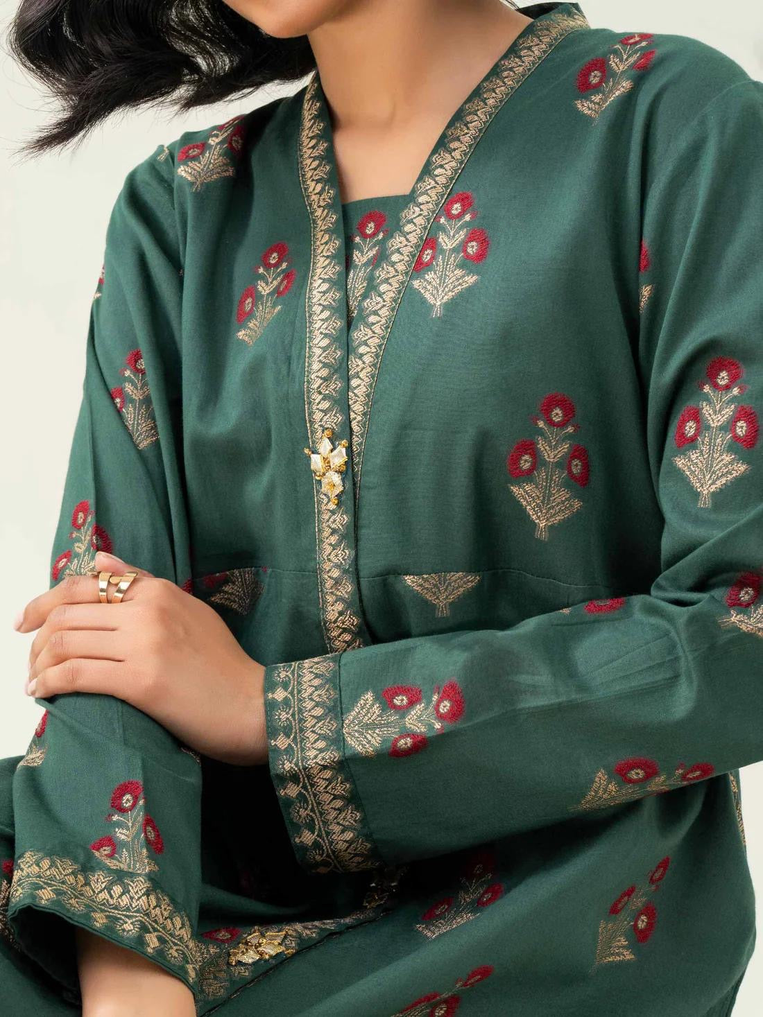 Limelight 1 Piece Green Jacquard Pishwas with Gotta Detailing