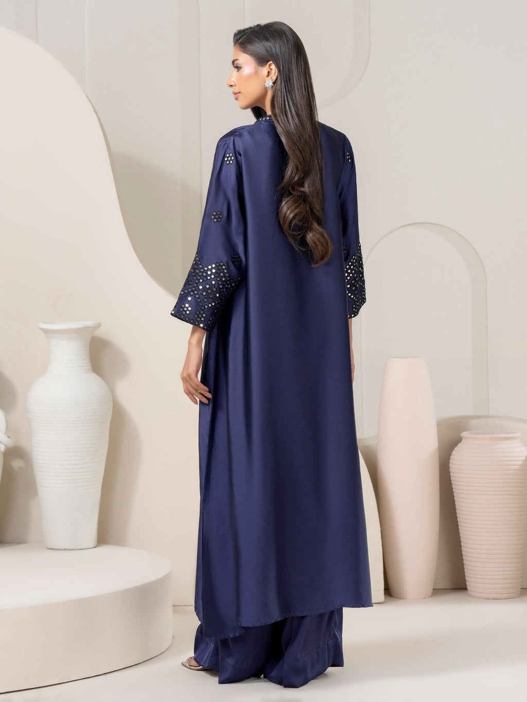 Limelight 2 Piece Set Sky Blue Silk Shirt with Flowy Collared V-neck & Wide-leg Trousers with Elastic Waistband Womenswear - Printed