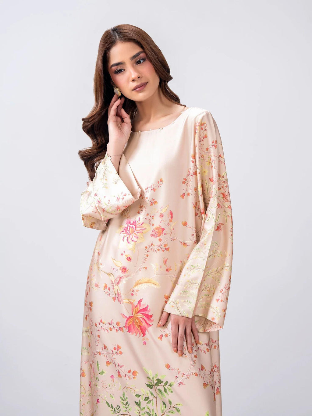 Limelight 2 Piece Set - Pink Silk Shirt with Boat Neckline & Trousers with Elastic Waistband