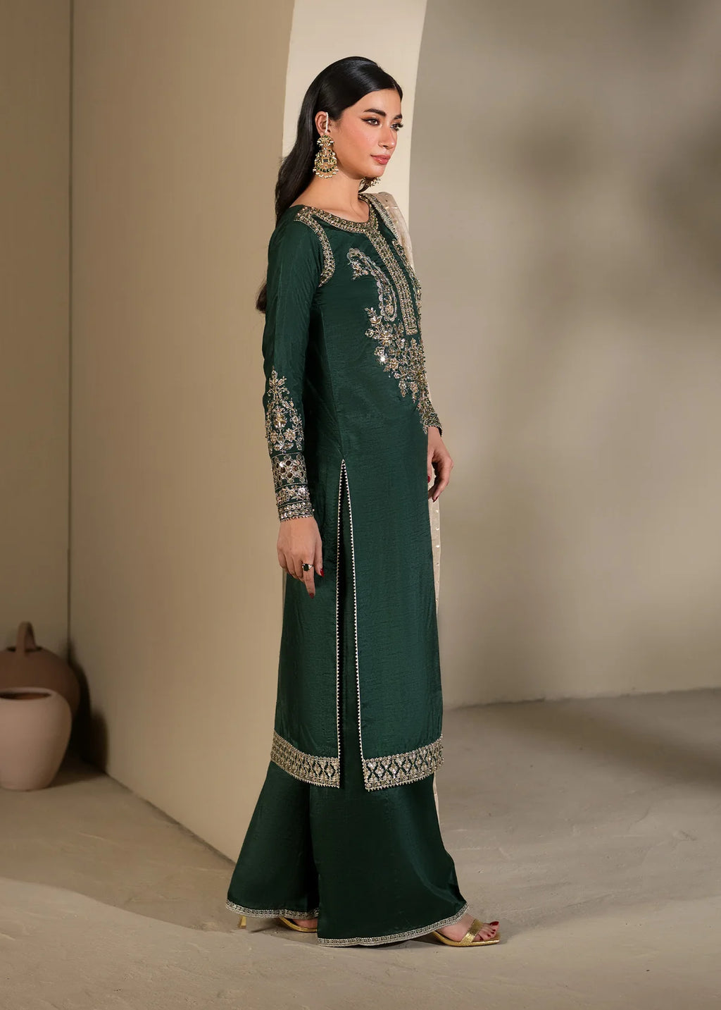 3 pc Long Kurta & Flared Trouser Set with Bindi Chiffon Dupatta – Heavy Embroidery & Embellishment Green Korean Raw Silk