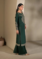 3 pc Long Kurta & Flared Trouser Set with Bindi Chiffon Dupatta – Heavy Embroidery & Embellishment Green Korean Raw Silk