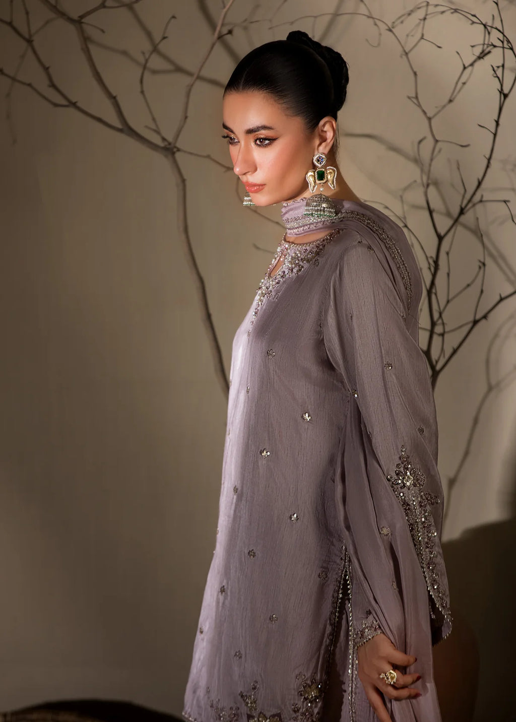 Lavender Embroidered Raw Silk Short Kurta with Farshi Shalwar & Silk Dupatta