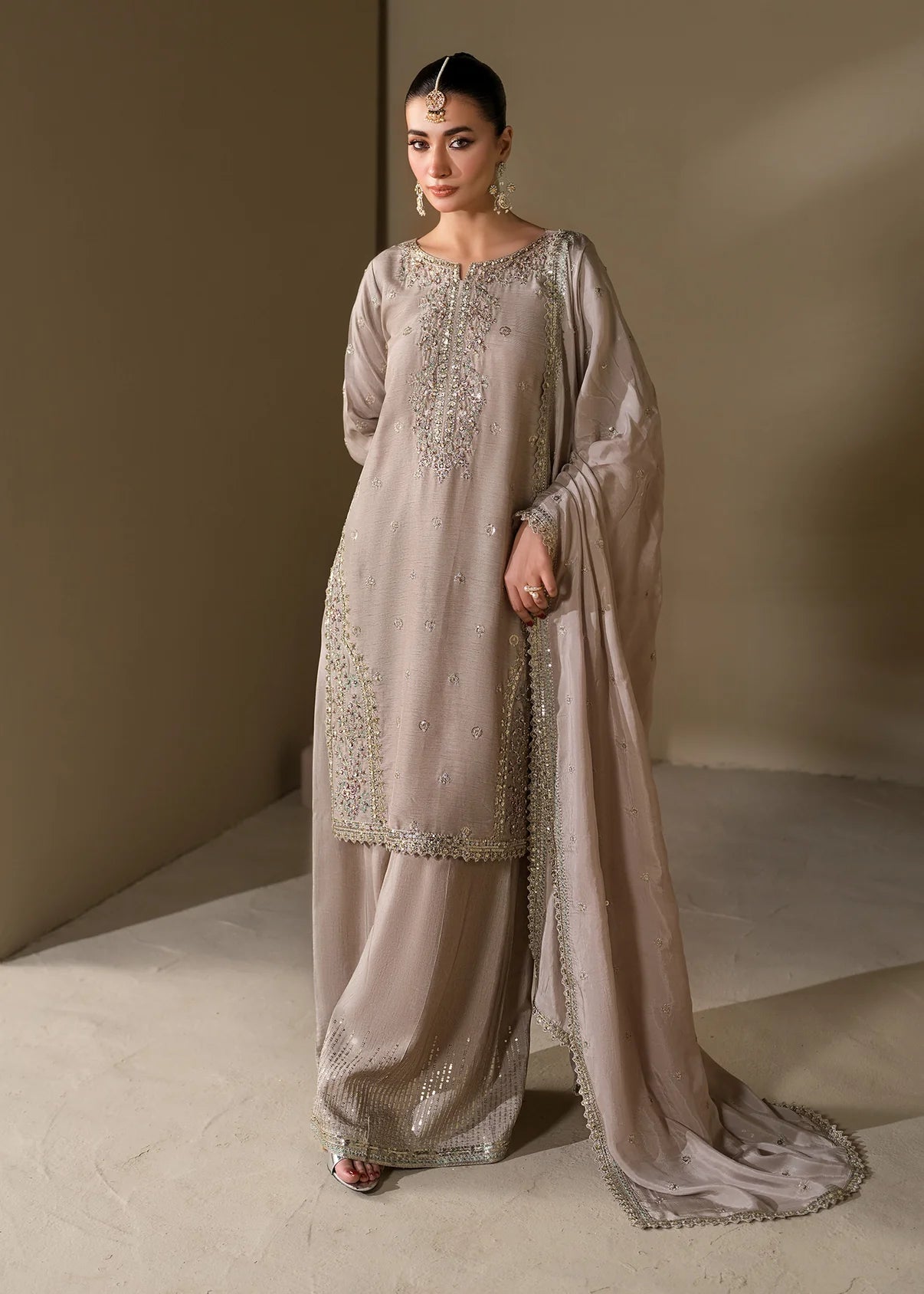 Embroidered Shirt with Two-Toned Sharara & Medium Silk Dupatta – Heavy Embroidery & Embellished 3-Piece Ensemble