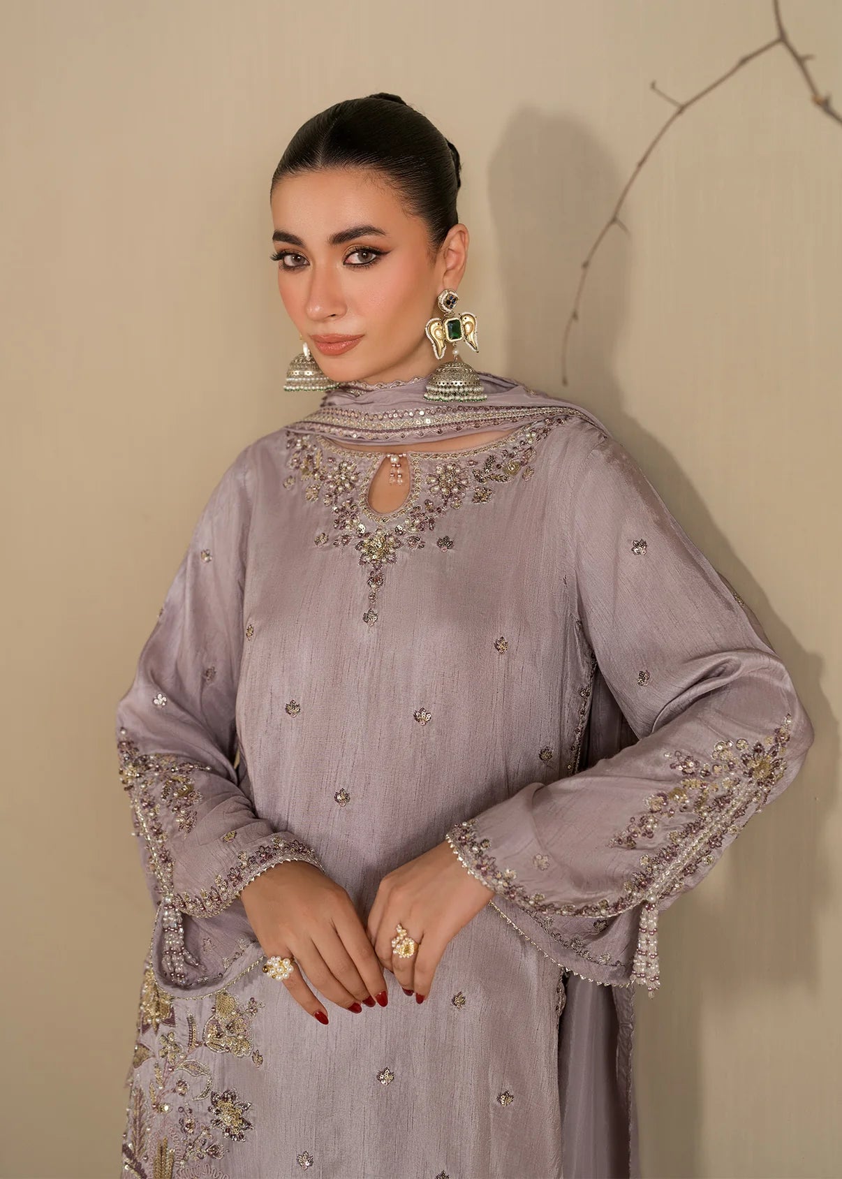 Lavender Embroidered Raw Silk Short Kurta with Farshi Shalwar & Silk Dupatta